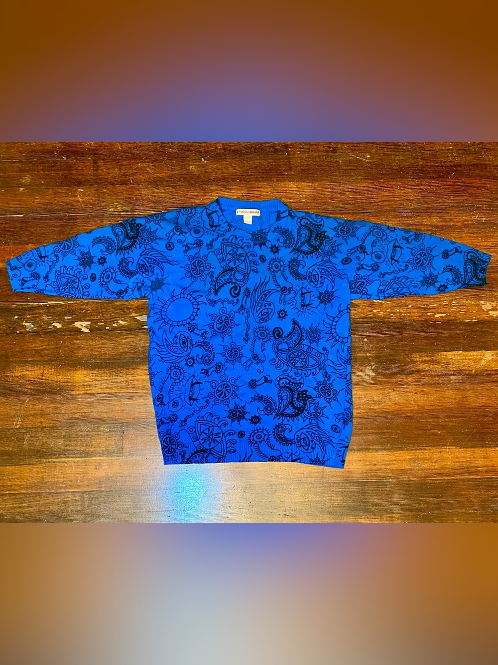 TRUE VINTAGE 1980s/90s Checkmates 95% Wool Blue Funky Patterned Crewneck Sweater